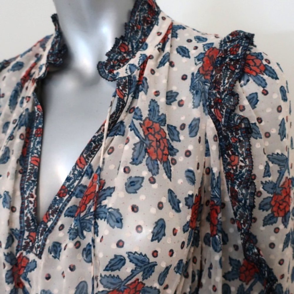 ULLA JOHNSON DRESS DANI CREAM/RED RUFFLED FLORAL CHIFFON SIZE 2 LONG SLEEVE MINI - Picture 2 of 8